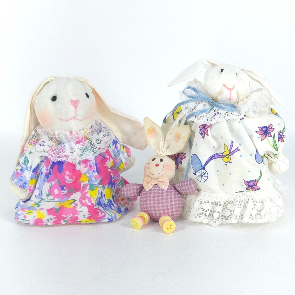 Whimsical Handmade Fabric Bunny Trio Spring Easter Cottagecore Vintage Decor‎